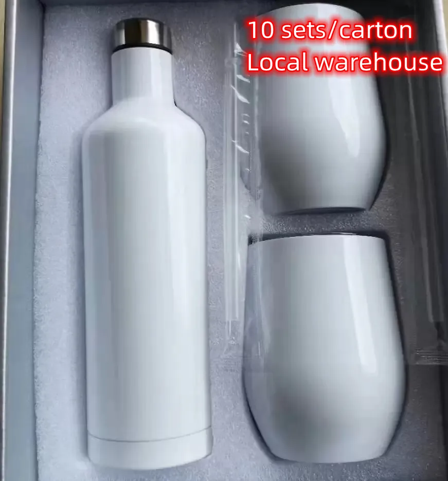 Entrepôt local 500ml 3pcs Gobelets à vin en sublimation Gobelet en acier inoxydable Bouteille isolée sous vide avec tasses et deux pailles en plastique