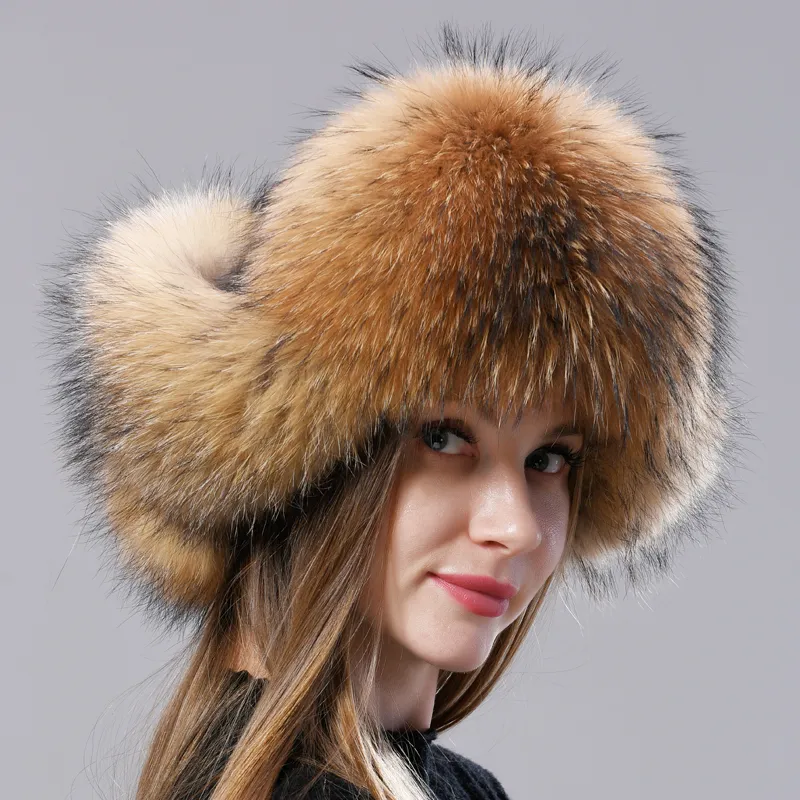 Natural Fur Russian Aviation Hat with Ears Ushanka Women Winter Warm Fluffy Stylish Female Tail Cap Fashion Real Hats 220817