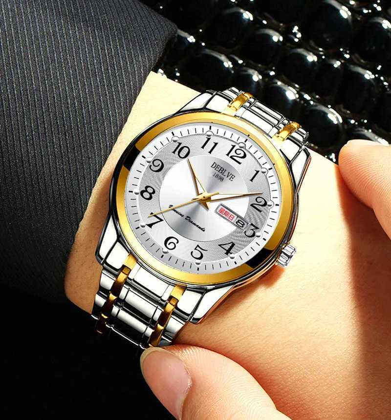 손목 시계 남성용 디지털 글로우-파크 듀얼 캘린더 합금 솔리드 스틸 밴드 방수 패션 쿼츠 워치
