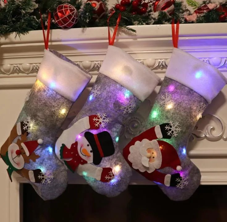 Christmas decoration Candy stockings Grey Xmas Tree Pendant Large Christmas-stocking with lights Kids Xmas-Gift Bag 0428