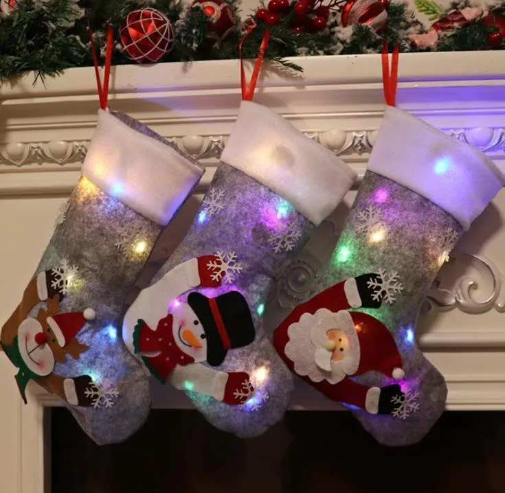 Decoración navideña Medias de caramelo Colgante de árbol de Navidad gris Medias navideñas grandes con luces Bolsa de regalo de Navidad para niños 0428