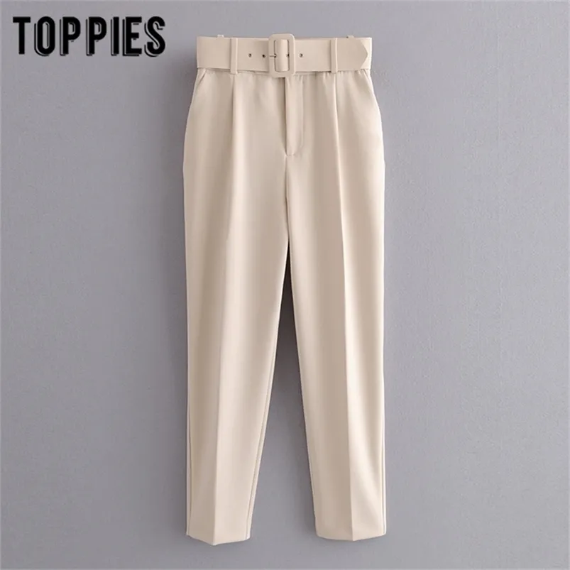 biege suit pants women high waist cargo pants belt solid color trousers joggers pantalones de mujer LJ201029