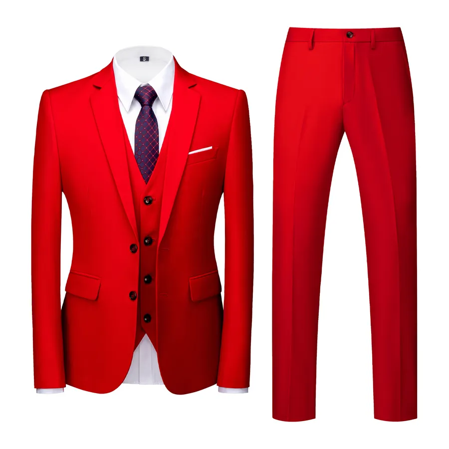 Classic Red Groom Tuxedo Notch Lapel Slim Fit Groomsmen Mäns Bröllopsklänning Formell Man Blazer 3 Pieces Business Suit Costume Homme