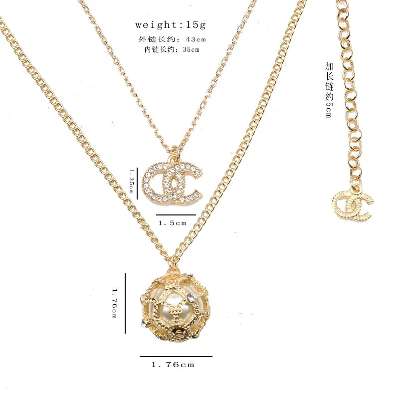 Classique Designer Lettre Double Couche Pendentif Colliers Plaqué Or 18K Crysatl Perle Strass Chandail Collier pour Femmes De Noce Jewerlry Accessoires