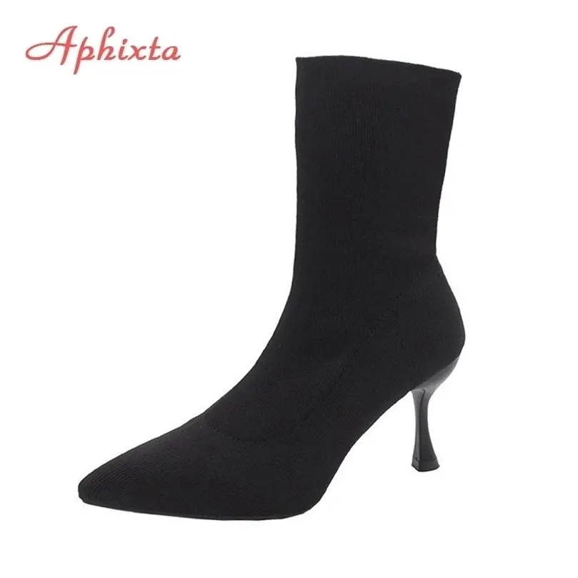 Aphixta 9cm 7cm 5cm Calzini in tessuto elasticizzato Stivali Donna Scarpe nere Eleganti stivaletti elastici a punta a punta per donna 220815