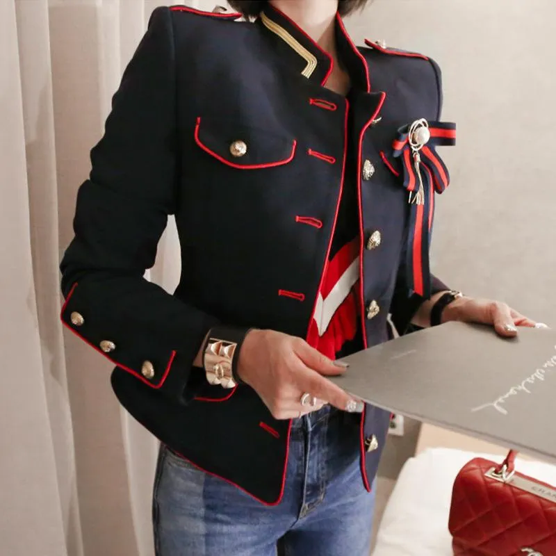 レディースジャケット韓国ファッションボウブローチシングルブレストスタンドカラー長袖ショートコート