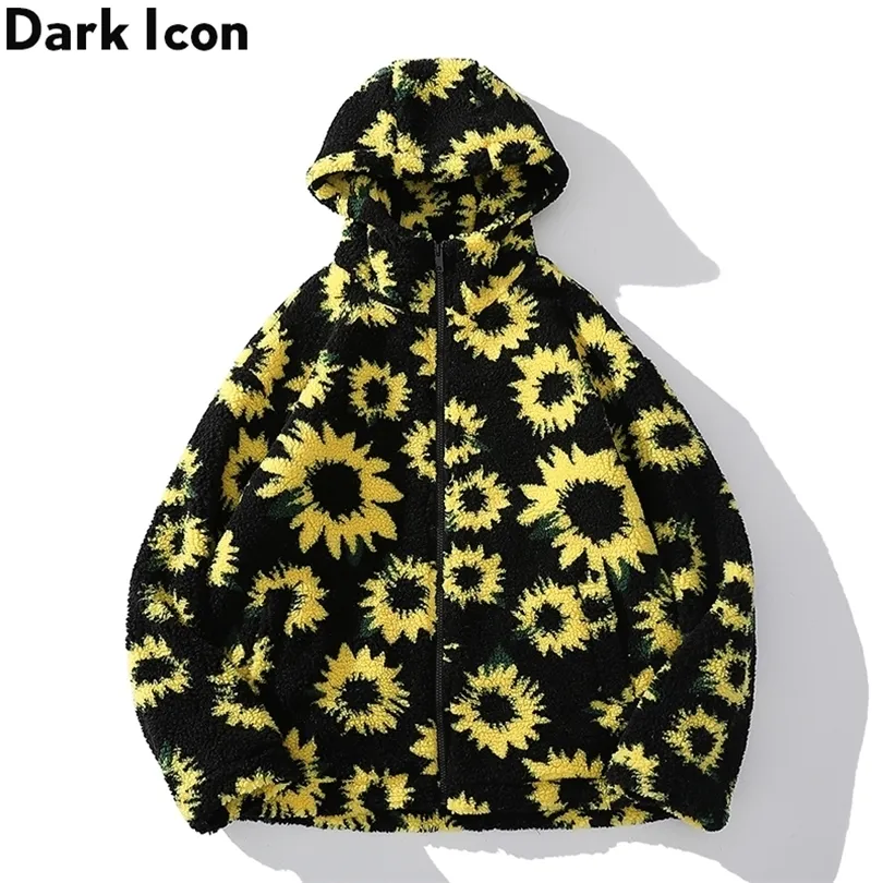 Dark Icon Sunflower Sherpa Jackets Men with Hoodie 2019 Winter Thick Hooded Jacket Men Women Streetwear Men's Coats T200603