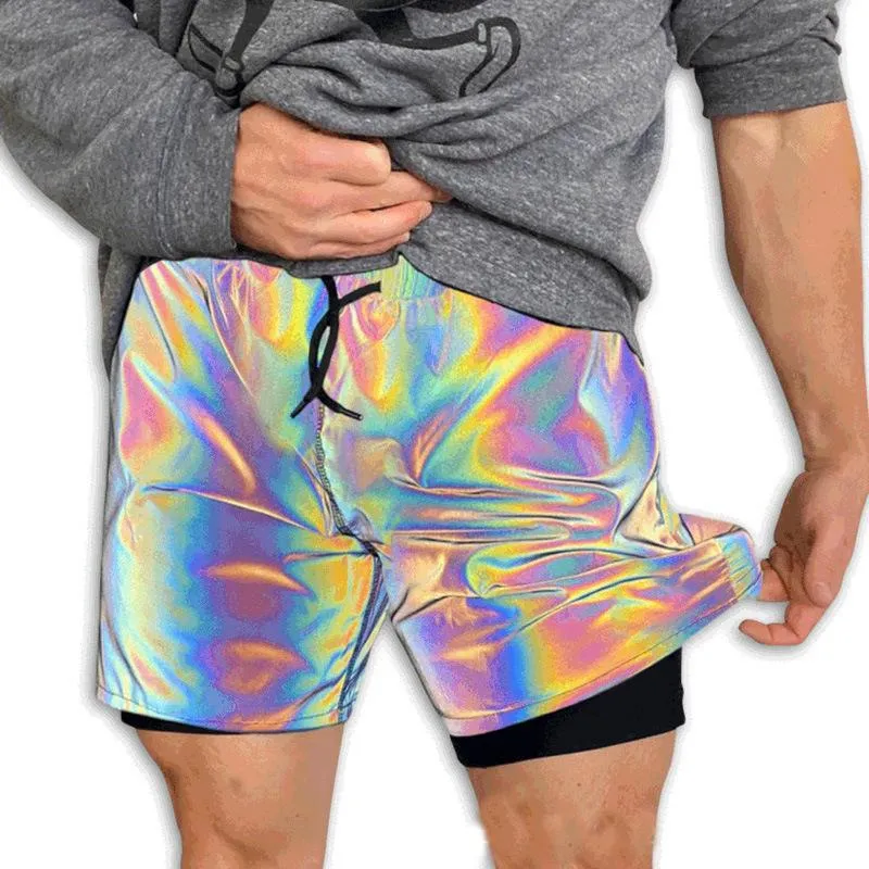 Short masculin arc-en-ciel réfléchissant les hommes courts ouvrages décontractés de nuit club courir pour hommes pantalon hip hop yourdoor entraînement jogger mode oversize oversize