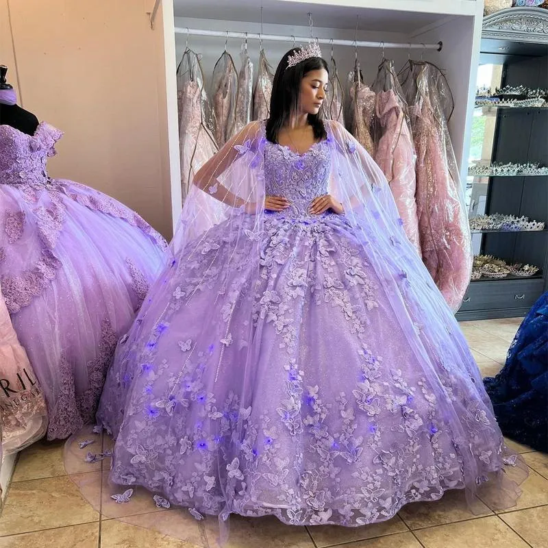 Lilac Lavender Quinceanera Dress with Cape, Puffy Lace-up Corset, Sweet 15  Dress, Graduation Prom Gowns