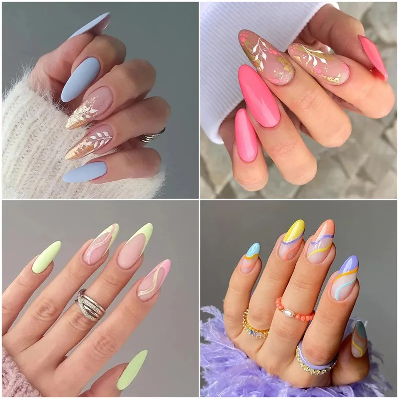 24 unidades Unhas Postiças Almond Curto Design Francês Unhas Artificiais Bailarina Cobertura Completa Pontas de Unhas Falsas