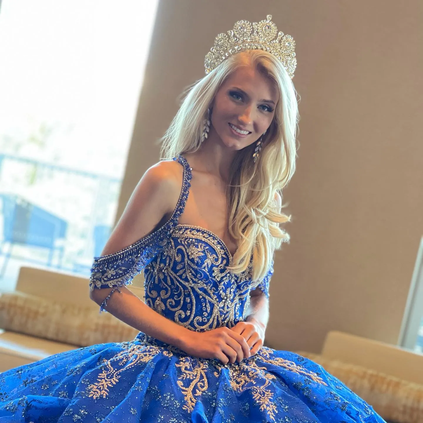 Royal Blue Gold Quinceanera Blue Wedding Dress with Puffy Lace, Glitter Tulle, and Laces-up Back - Sweet 16 Ball Gown with Cold Shoulder and