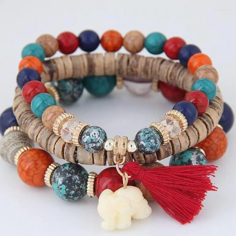 Bracelets porte-bonheur mode mignon éléphant Bracelet élastique bohème perlé pour femmes bracelets pierre bois gland CF1Charm Inte22
