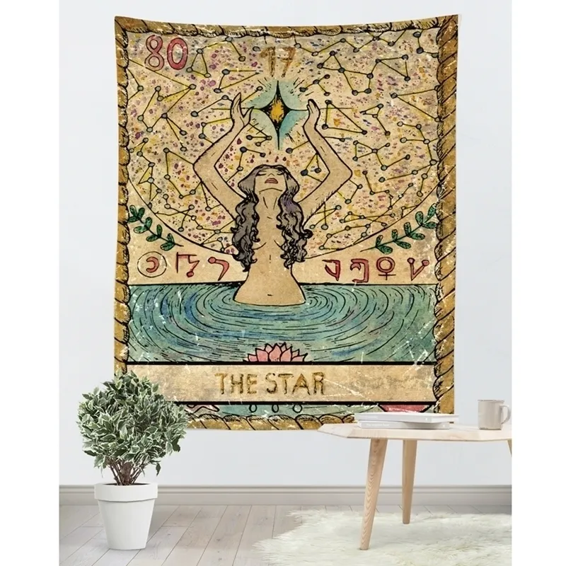 Tarocchi Vecchio Vintage Arazzo Stregoneria Astrologia Stella Luna Dea Ninfa del mare Sirena Letto Decorazione Coperta Panno da parete Y200324