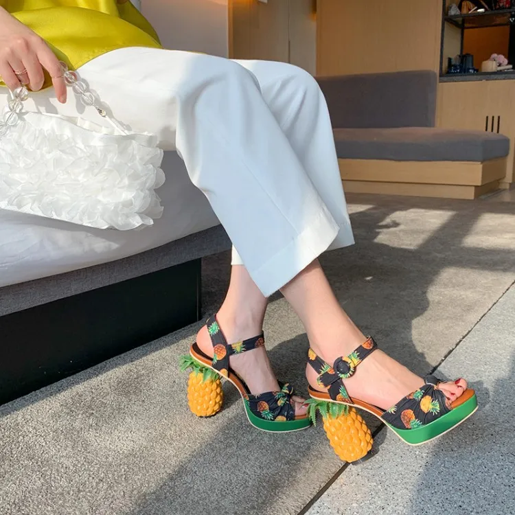 DHgate Pineapple Print Platform Peep Toe Chunky High Heel Sandals Shoes Accessories