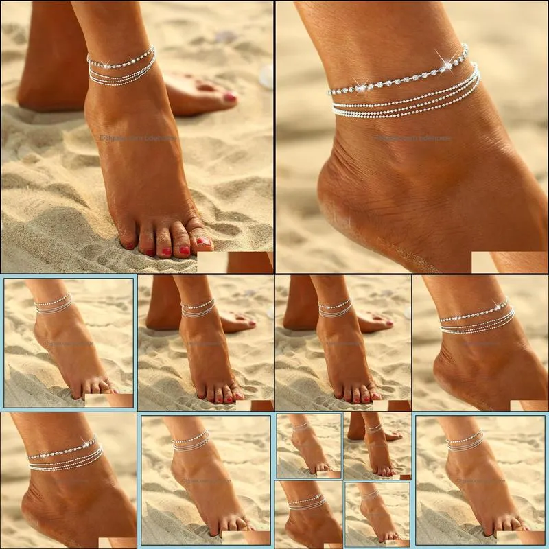 Crystal Anklet Foot Chain Summer Silver Beaded Bracelet Charm Anklets Beach Wedding Jewelry Gift