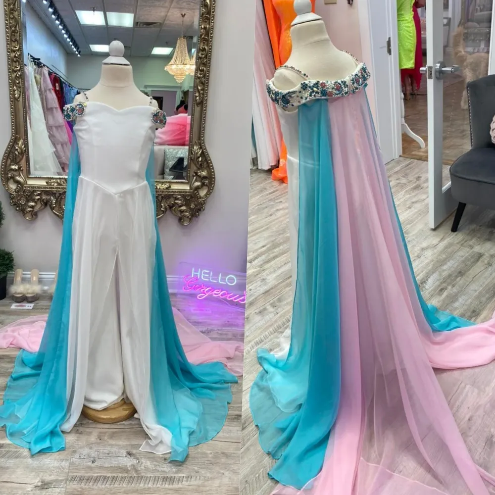 Contrasting Color Girl Pageant Dress Jumpsuit Romper 2023 Chiffon Cape Little Kids Birthday Off-Shoulder Formal Party Gown Infant Toddler Teens Preteen Multi-Color