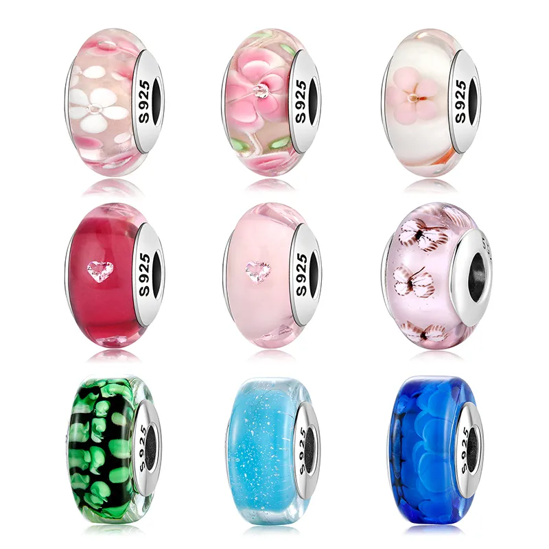 925 Silver Fit Pandora Charm 925 Pulsera Plata Rosa corazón Murano Glass Beads charms set Colgante DIY Fine Beads Jewelry