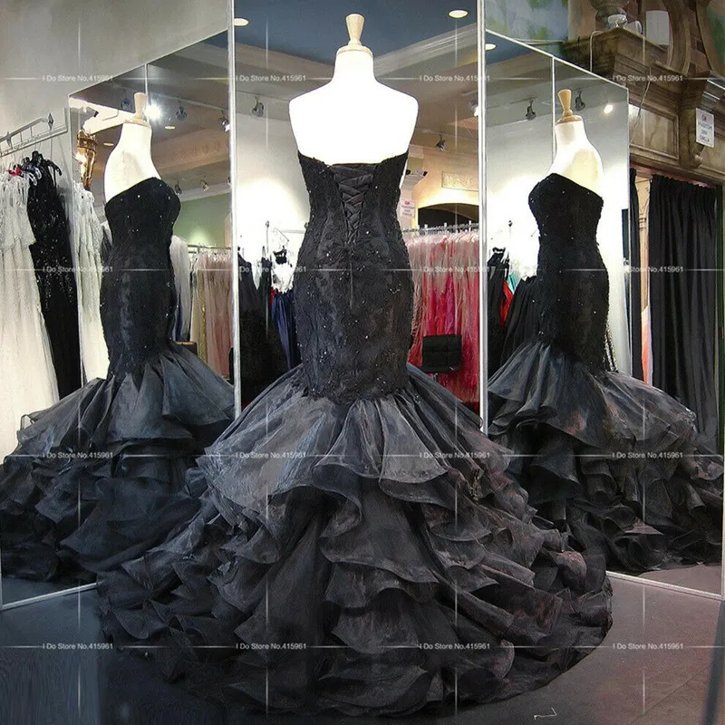 Strapless Ruched Bodice Beaded Trim Mermaid Gown Black