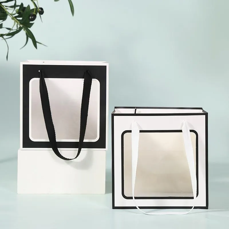 WrapPal Large Square Gift Bag W/ Transparent Window & Ribbon For Cakes, Flowers, & More Kraft