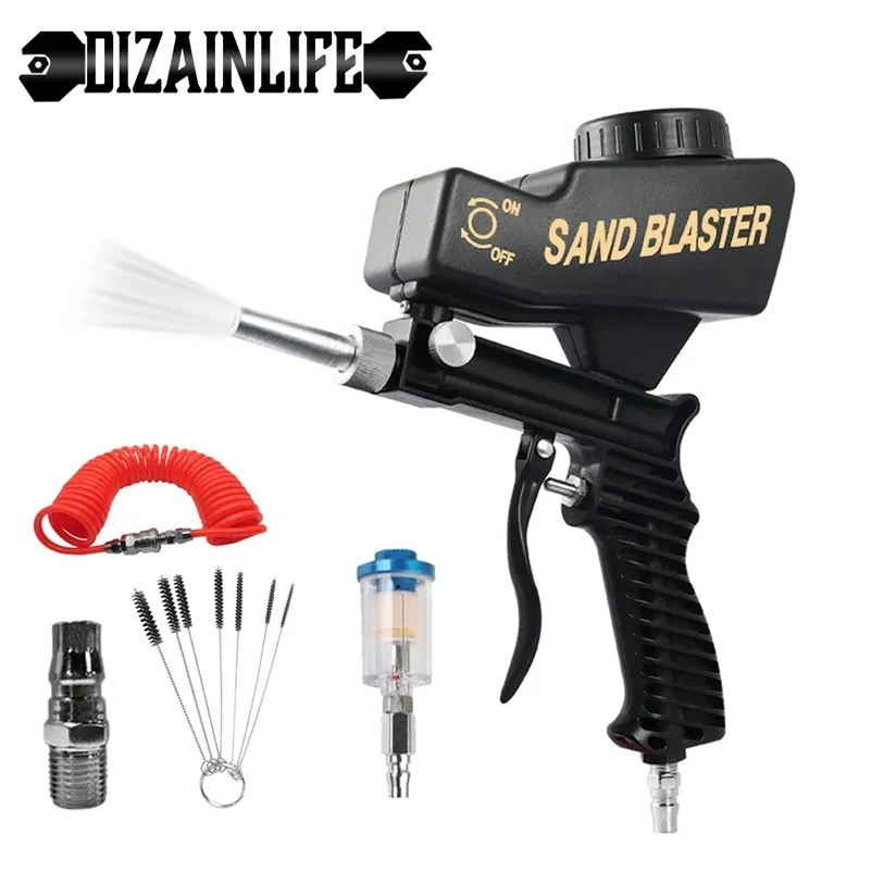 Adjustable Sandblasting Gun 90 Psi Portable Sand Blaster Paint Spray Machine Gravity Pneumatic Small Handheld Blasting Gun Set 220809