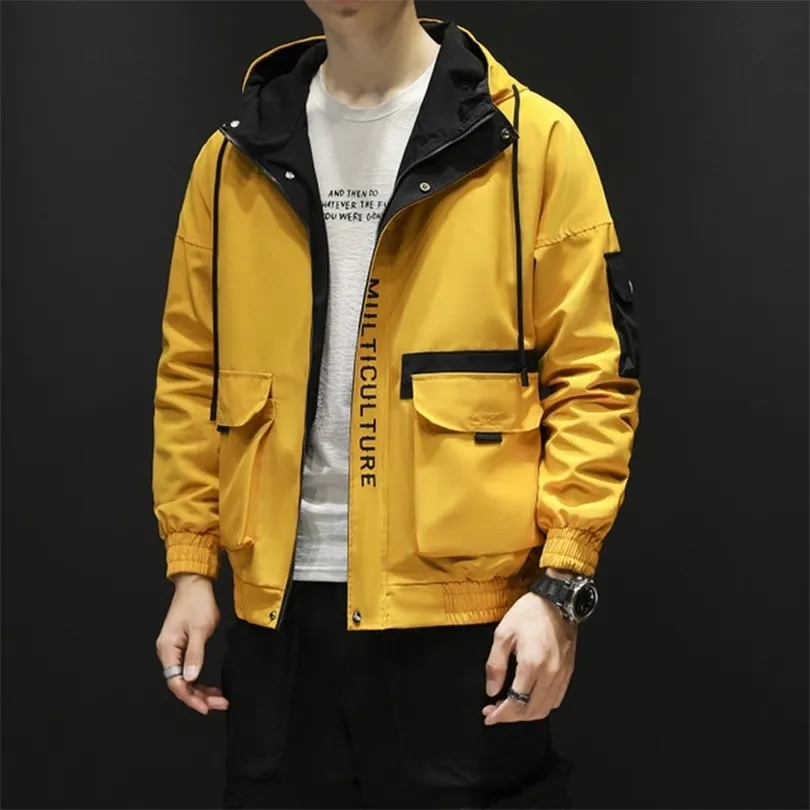 Autumn Hip Hop z kapturem patchwork Męska kurtka płaszcza męskie bluzy płaszcze 2019 Mężczyźni żółte stałego bakerem kurtka bombowca m4xl t200502