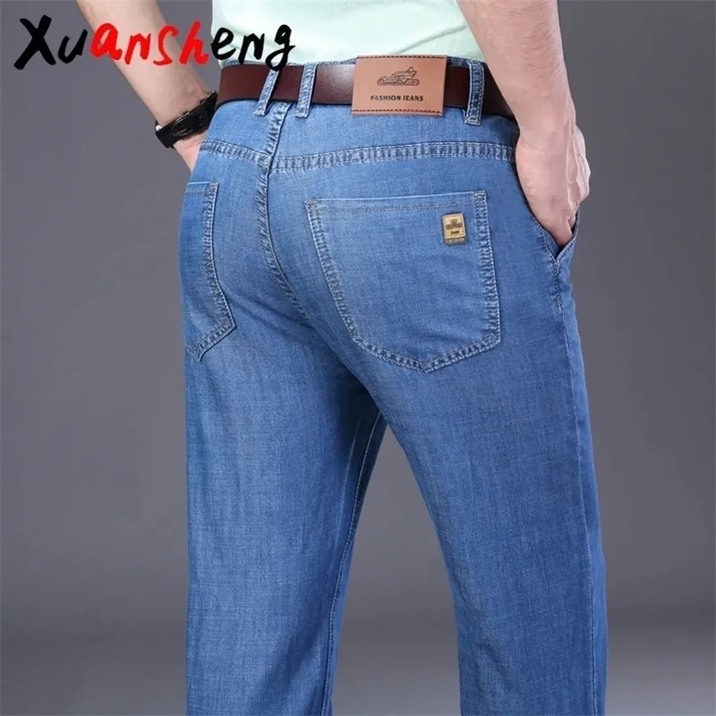 Xuan Sheng tube droit hommes jeans mince stretch lâche marque bleu clair classique pantalons longs streetwear jeans taille haute 201111