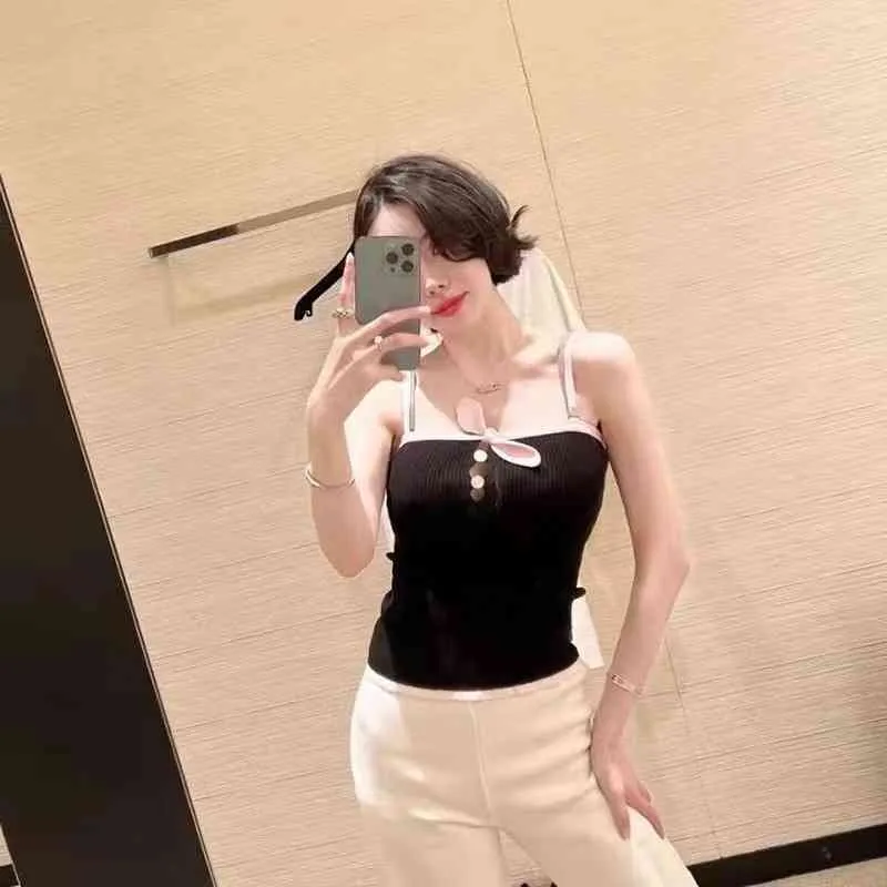 Small fragrance sexy bottomed Knitted Top bow elastic small suspender sweet vest spring and summer new women