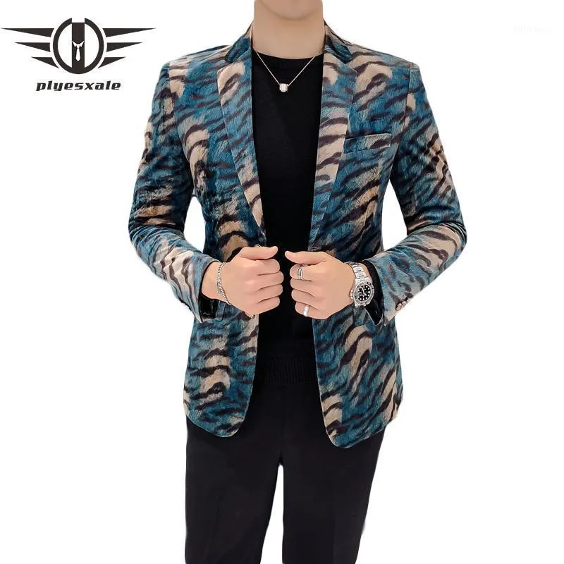 Herenpakken Blazers Plyesxale Leopard Blazer Mannen 2022 Slim Fit Heren Velvet Groene Man Casual Suit Jacket Stage Prom Party Wear Q155