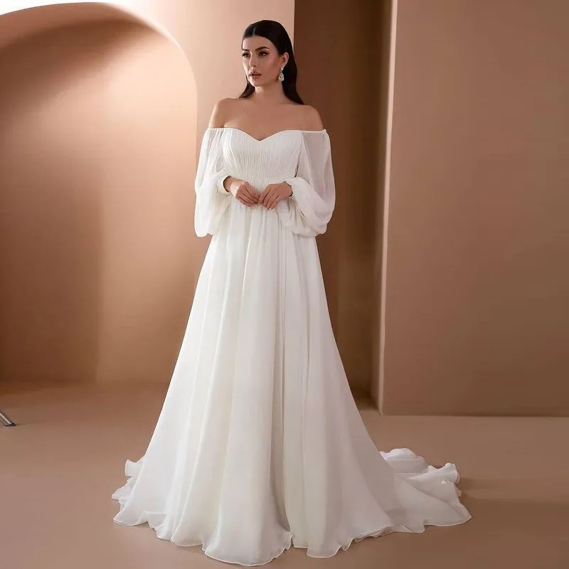 2022 wedding dress simple and generous style one word neck slim and comfortable solid color long skirt