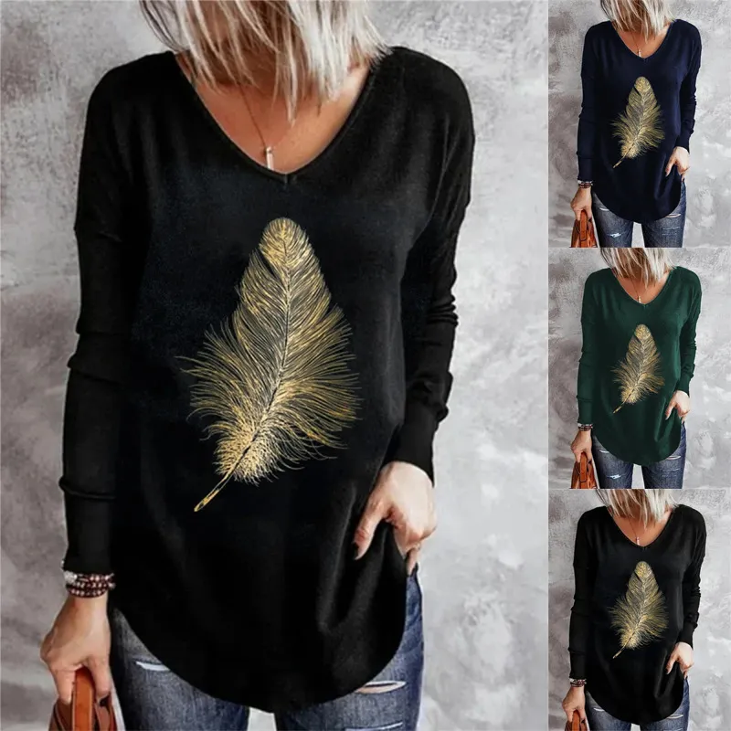 T-shirt à manches longues pour femmes, imprimé plumes, décontracté, col en V, élégant, ample, couverture, vêtements de printemps et d'automne, 230206