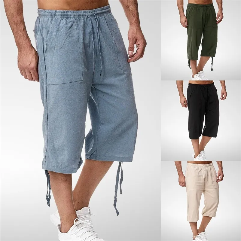 Lin Court Hommes 3 4 Longueur Genou Coton Grande Taille 3xl Taille Haute Plus 3XL Bermuda Shorts Mâle Long Hommes Culotte D'été 220715