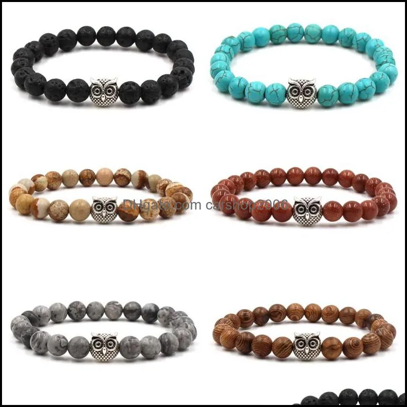 fashion silver owl bracelet for men women 8mm yoga beads handmade beaded bracelets natural stone bangle jewelry free dhl m487a