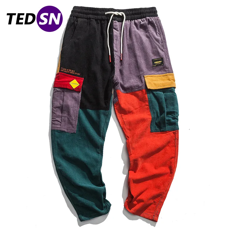 TEDSN Hip Hop Cargo Hosen Cord Jogginghose Männer Harem Jogger Vintage Farbe Block Patchwork Hosen Harajuku Hosen Lose 220816