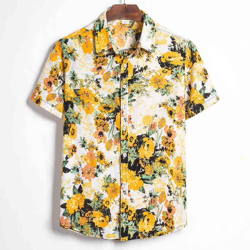 Camisa de linho de algodão com estampa floral Men 2022 Brand Short Sleeve Button Up Beach Hawaiian Men Men Festas Férias Camisas de Férias 5xl L220704