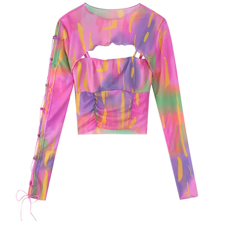 Vintage Slim T-shirt Kvinnors Y2K Mesh Rainbow Design Tops O-Neck 90s Streetwear Harajuku Fashion Casual Long Sleeve T-shirt CX220331