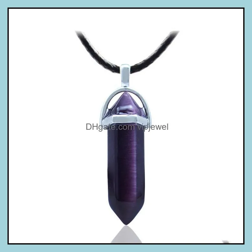 natural crystal bullet hexagonal opal cat`s eye pendant pu chian necklace for women jewelry
