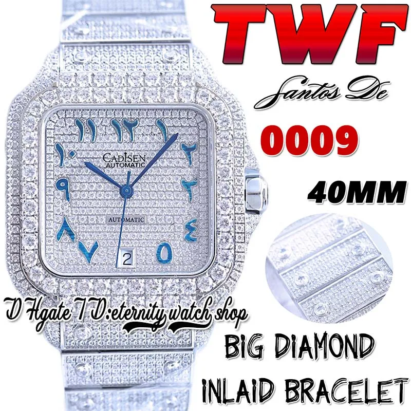 Twf tw0009 Japão miyota automática masculina big diamantes moldura totalmente gelada diamante diamante marcadores árabes azuis sigillete de bracelete de super edição eternity watches