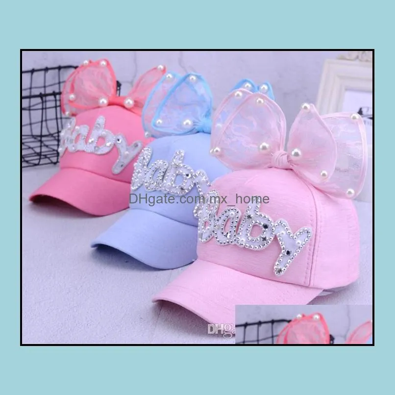 Children net hat summer baby cute rabbit ears sun hat baby big pearl bow baseball cap MZ001