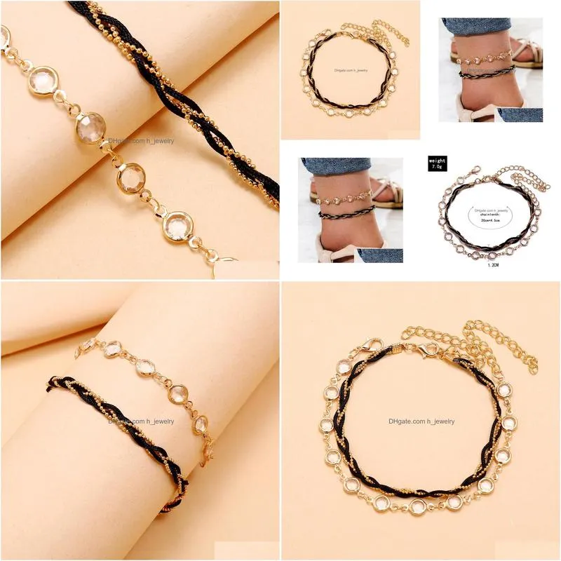 fashion jewelry handmade beads chain transparent rhinstone double layer anklet beach anklets