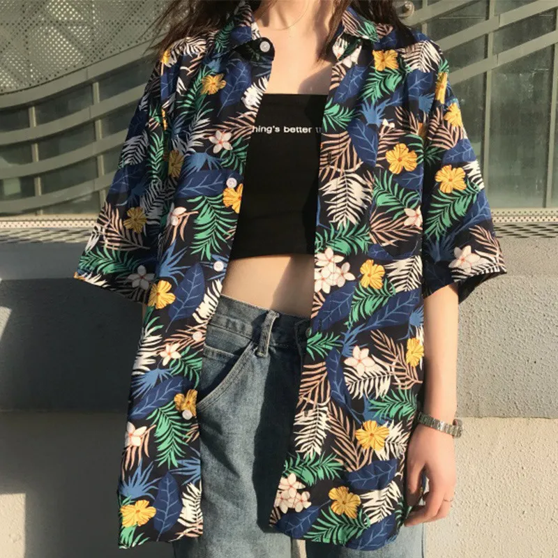 HOUZHOU Hawaiian Shirts Harajuku Vintage Women's Beach Shirt Button Up Cardigan Short Sleeve Chiffon Blouse Summer Top