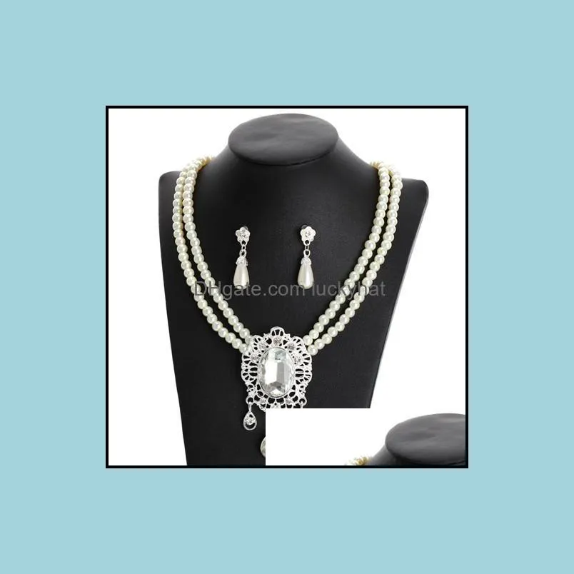 fashion wedding bridal jewelry 2pcs fashion imitation pearl jewelry set multi-layer choker necklace drop earrings woman