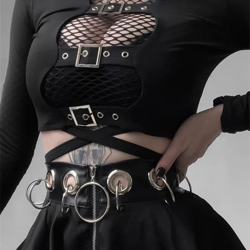 Insgoth Sexy Women Crop Tops pusta klamra Kobieta Bodycon Bodycon Gothic Punk Black Tops Party Streetwear Lady Tee 220408