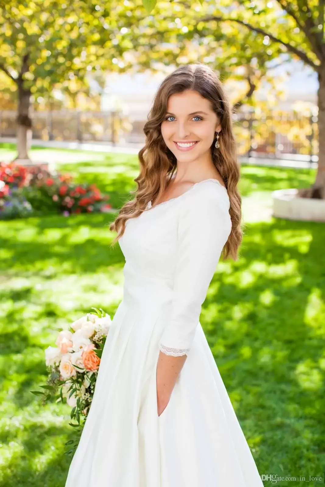 Custom-made Plus Size Lace long sleeve wedding gown with Scalloped Neckline, 3/4 Sleeves, Ruched Pleats - Perfect for Country Weddings (Style 403) Custom-made Plus Size Lace long sleeve wedding gown with Scalloped Neckline, 3/4 Sleeves, Ruched Pleats - Perfect for Country Weddings (Style 403)