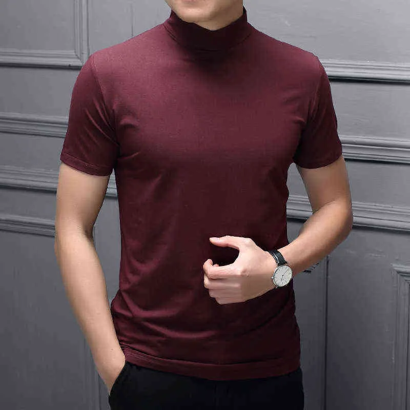 Half Turtleneck Milk Silk Short Sleeve Slim T-shirt Men Solid Turtleneck Trend Bottom Shirt High Street Fashion Man T Shirt Y220426