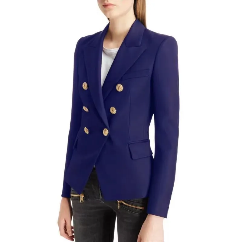 B078 Womens Suits & Blazers Hot Personality New Top Quality Original Design Women's Double-Breasted Blue Slim Jacket Metal Buckles Blazer Navy Blending Outwear