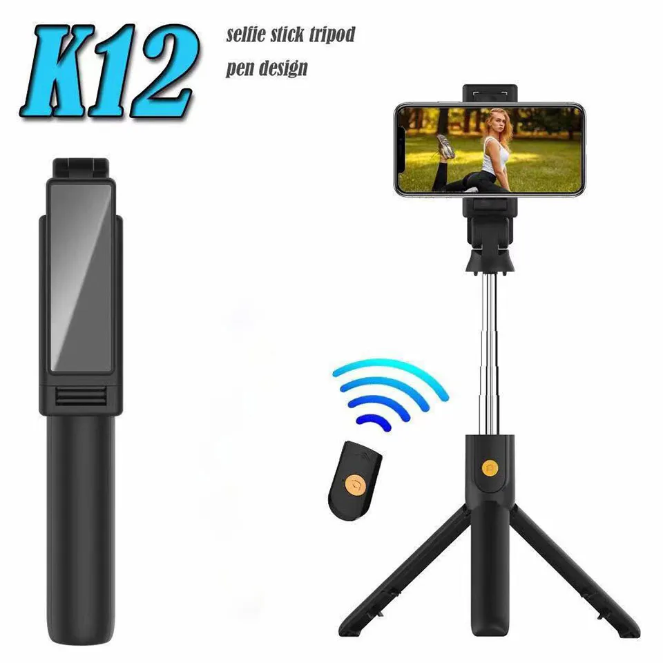 K12D Selfie Stick Monopods LED Dolgu Işığı Geri Çekilebilir Metal Kutup Tripod 360 ° Yatay ve Dikey Rotasyon Fotoğraf Kamerası Ücretsiz DHL UPS