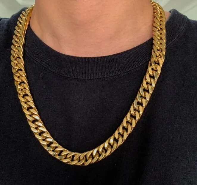 Grande chaîne en or plaquée or 18 carats pour hommes Hip hop, collier dominateur exagéré Miami Cuba 15 mm 60 cm