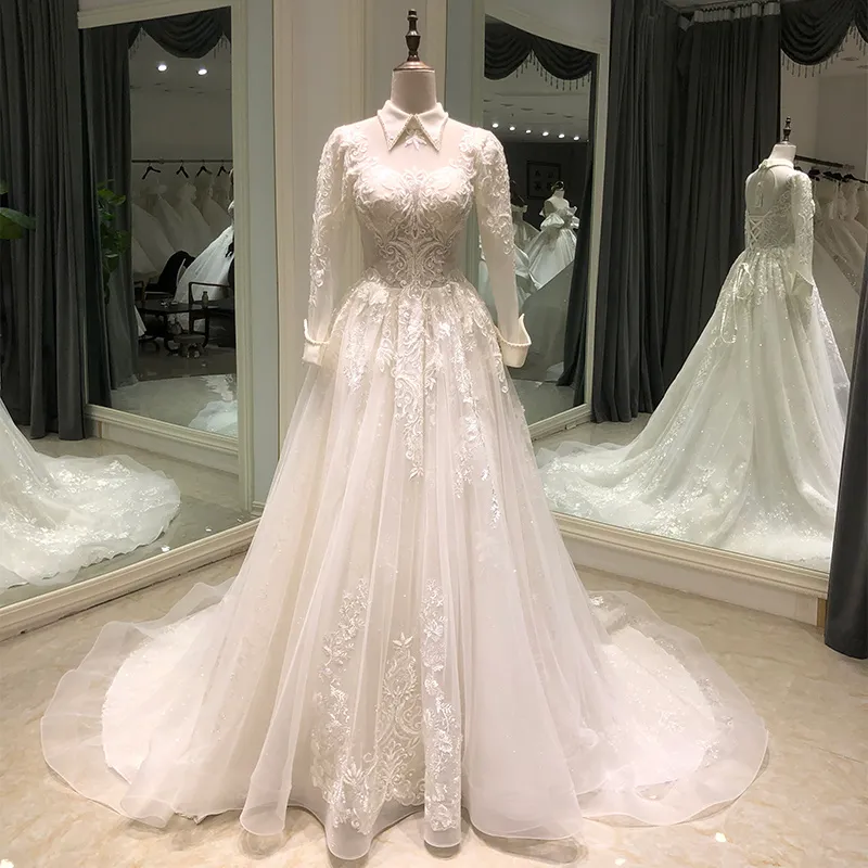 open lace back dress Designer Wild Lace Mock Neck Long Sleeve Ball Gown Satin Wedding Dress main image 0