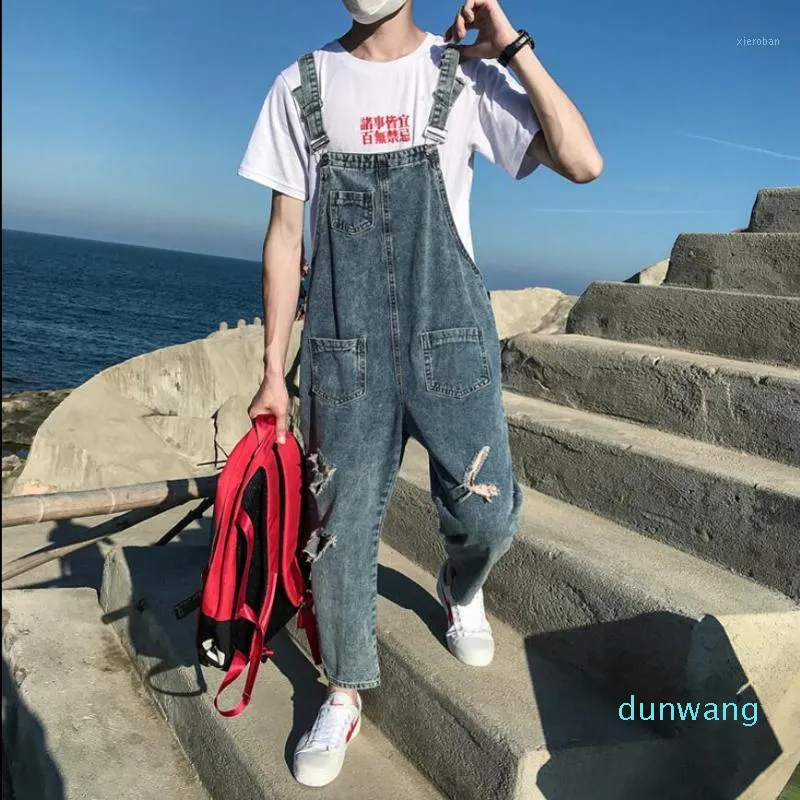 Men's Jeans Summer Loose Student Denim Bib Pants Old Hole Cowboy Nine Points Suspenders Jumpsuit Hairstylist Tide Overalls1