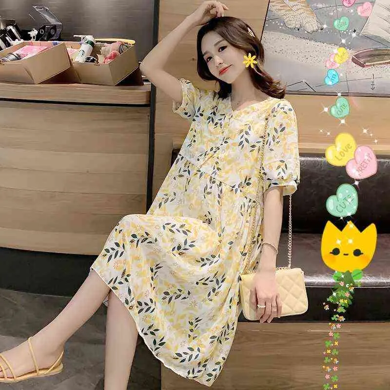 Spring Maternity Chiffon Dress Fashion Printing Kort ärmar Vneck Gravid kvinna Floralklänning med foder Blue Yellow J220628